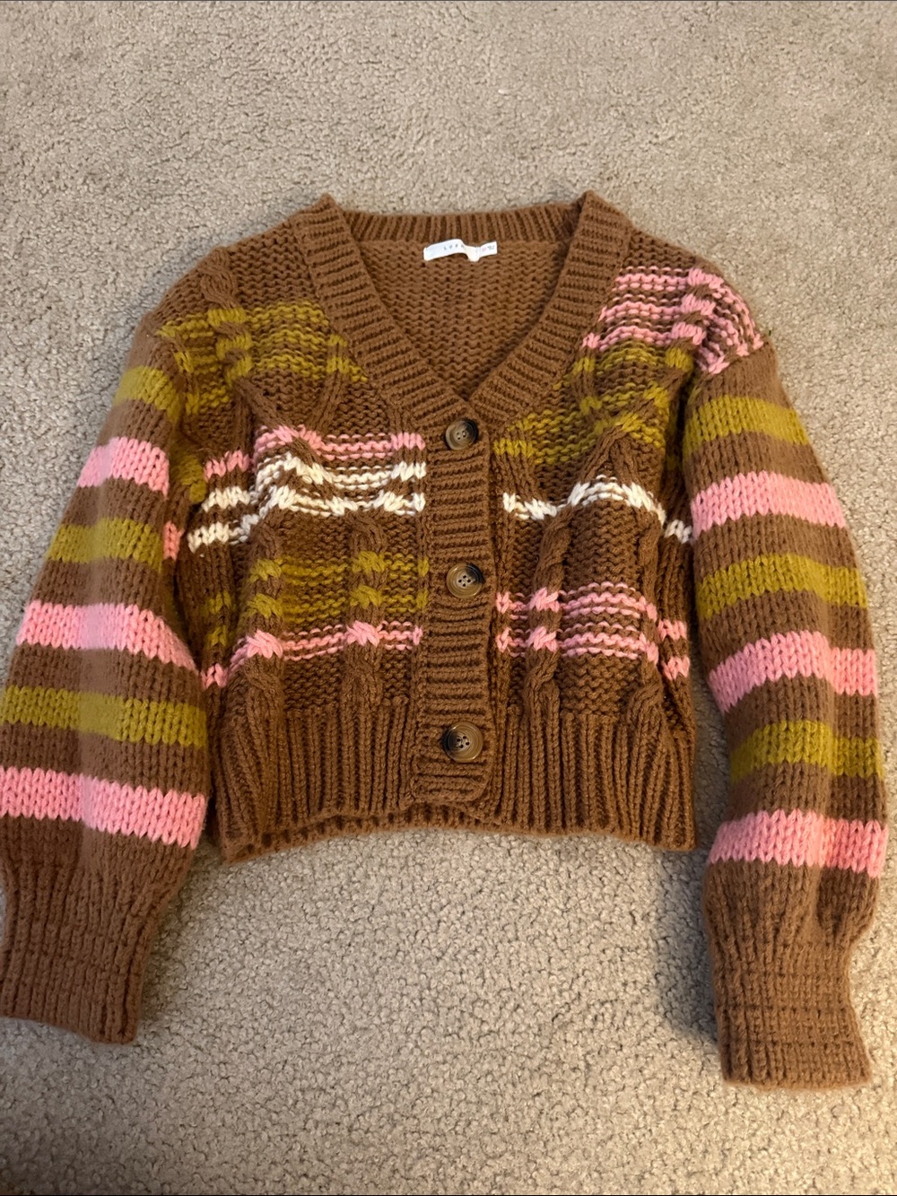 Lush Brown Striped Button-Front Cropped Cardigan with Pink and Olive Accents